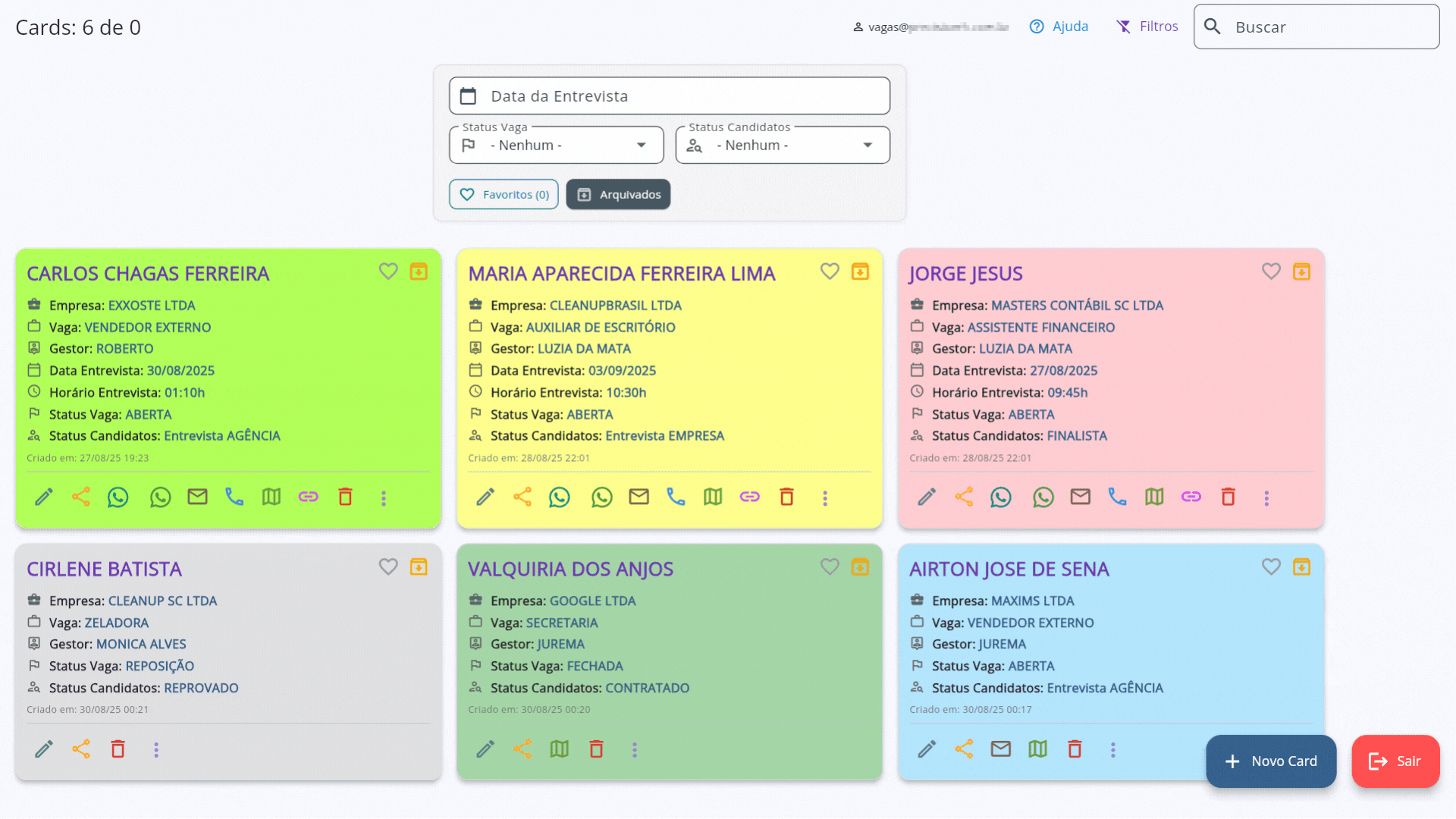 Interface do GECAN mostrando cards de candidatos e filtros